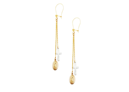 Two Tone Plated Mother Mary Cross Dangle Earring